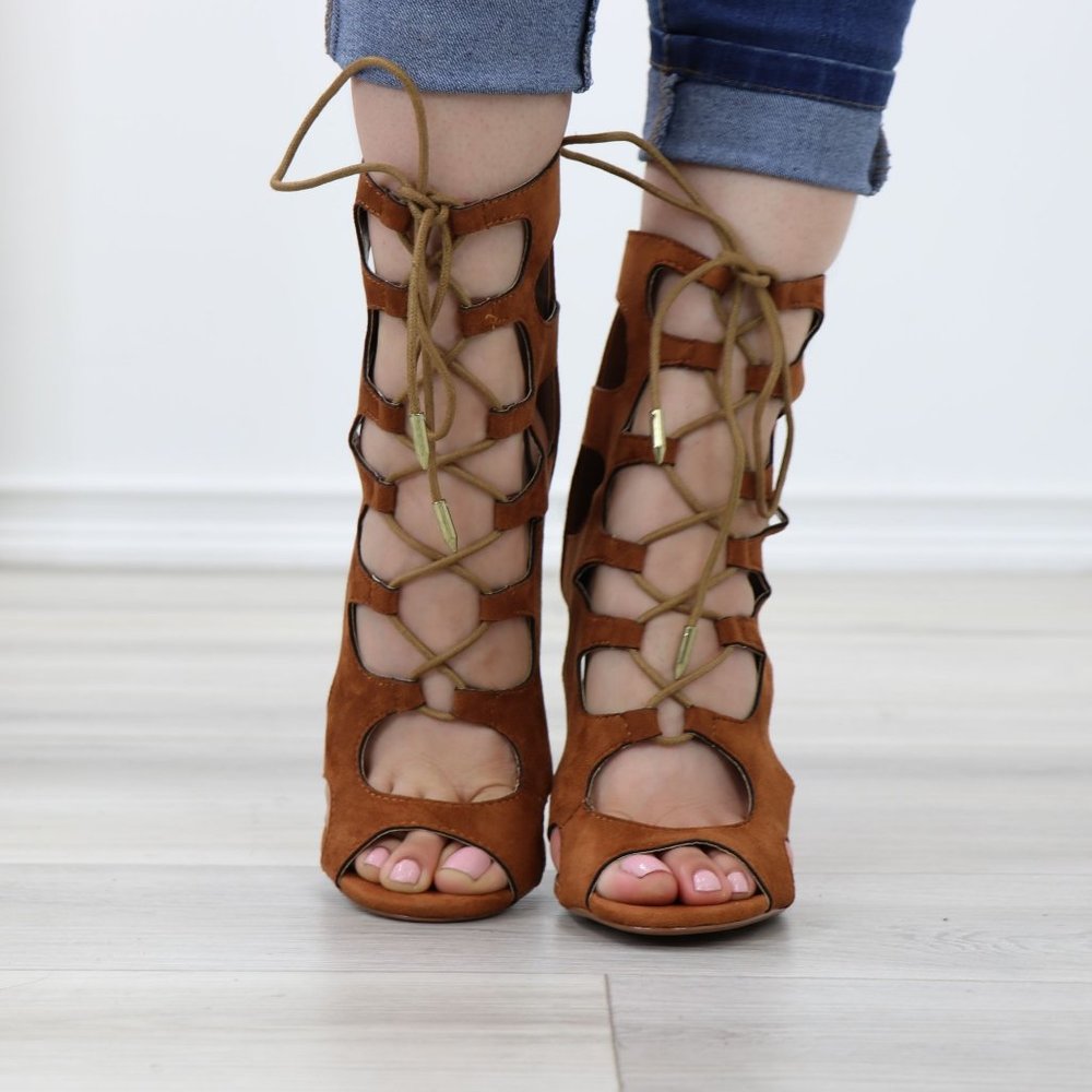 Suede Tan Gladiator Stiletto Needle High Heel Open Toe Bootie - Picture 7 of 11